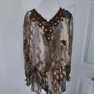 Bohemian Beaded Snakeskin Print Sheer Blouse Women's Size M Long Sleeve